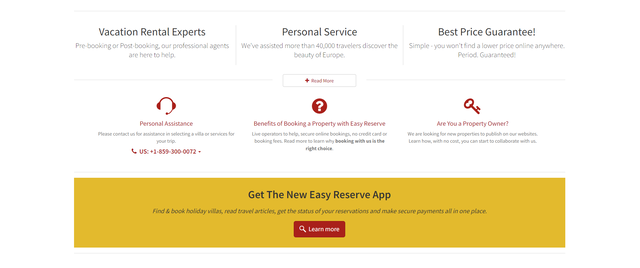 Easy Reserve home page, diensten info en app link