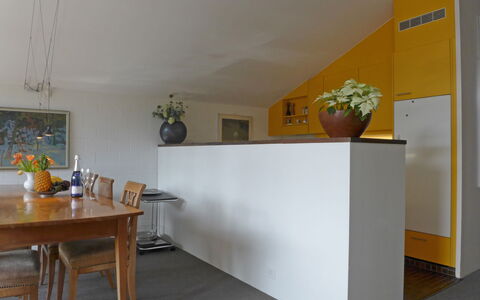 Im Gruebi Apt.5: Tafel, Fabriek, Meubilair, Kamerplant, Gebouw, Bloempot, Oranje, Verlichting, Interieur Ontwerp, Hout