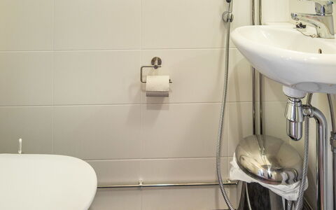 Nordic Chalet 9201: Badkamer, Loodgieterswerkinrichting, Wastafel In De Badkamer, Flooring, Interieur Ontwerp, Loodgieter, Verdieping, Kraan, Wastafel, Toilet