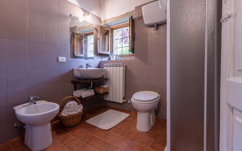 Villa Il Biancospino: Spiegel, Loodgieterswerkinrichting, Wc Bril, Eigendom, Toilet, Wastafel, Kraan, Purper, Badkamer, Wastafel In De Badkamer