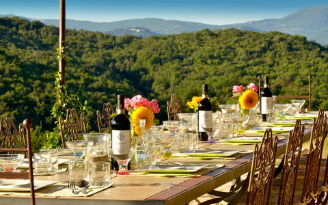 Villa Guardistallo: Lucht, Bloem, Tafel, Tableware, Eigendom, Fabriek, Berg, Tafelkleed, Natuur, Stoel