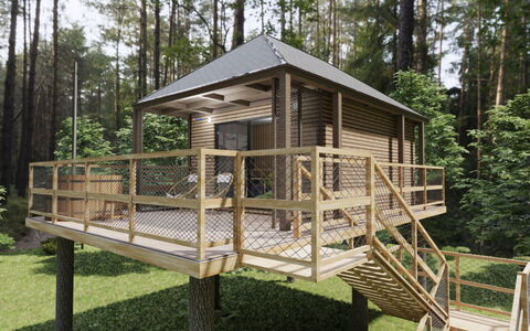 Premium Baumhaus mit 1 Schlafzimmer: Fabriek, Gebouw, Boom, Hout, Wiel, Schaduw, Lucht, Venster, Huis, Landschap