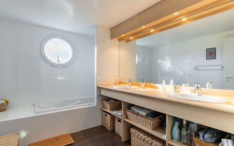 Hibiscus: Spiegel, Kraan, Loodgieterswerkinrichting, Wastafel, Hout, Countertop, Verdieping, Flooring, Badkamer, Hardwood