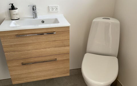 Tofan - 100M to the Fjord: Flooring, Loodgieterswerkinrichting, Verdieping, Toilet, Badkamer, Wc Bril, Wastafel In De Badkamer, Badkamerkast, Loodgieter, Wastafel