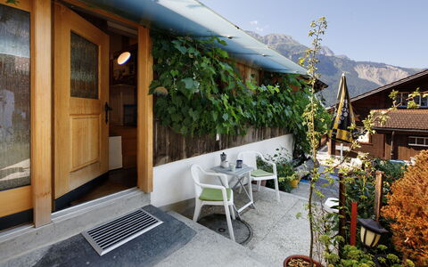 Brienzwiler 125: Bloempot, Schaduw, Kamerplant, Beits, Stoel, Eco Hotel, Restaurant, Balkon