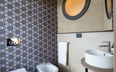 Relais Casa Clara - Roero - Langhe, Piemonte: Spiegel, Loodgieterswerkinrichting, Eigendom, Kraan, Wastafel In De Badkamer, Wastafel, Badkamer, Gebouw, Purper, Wc Bril