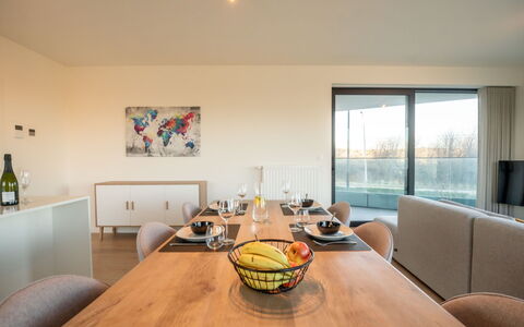 One with Terrace and Dune View: Tafel, Meubilair, Eigendom, Venster, Hout, Stoel, Interieur Ontwerp, Verlichting, Flooring, Comfort