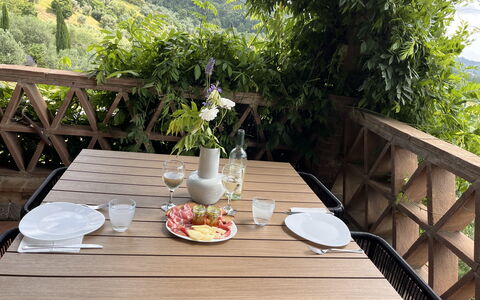 Villa Monticello: Tafel, Tableware, Meubilair, Voedsel, Eigendom, Fabriek, Dishware, Buitentafel, Stoel, Bord