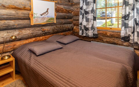 Villihanhi: Hout, Blokhut, Slaapkamer, Beits, Hardwood, Verblijf, Bed, Bedding, Plank, Laken