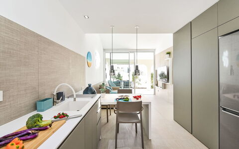 Velsuites 1: Keuken, Interieur Ontwerp, Flooring, Countertop, Meubilair, Verdieping, Hout, Huis, Cabinetry, Plafond