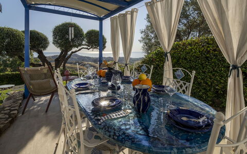 Villa Acquaro, Santa Caterina Dello Ionio, Pool, A: Meubilair, Stoel, Tafel, Buitenmeubels, Buitentafel, Tafelkleed, Tuin, Schaduw, Keuken En Eettafel, Toevlucht