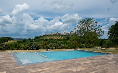 Le Volte, Borgo Campassini, Monteriggioni: Zwembad, Tuin, Flagstone, Landscaping, Schaduw, Houten Vloer, Gang, Backyard, Buitenmeubels, Tegel