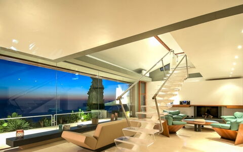Villa Cala Moresca: Interieur Ontwerp, Meubilair, Flooring, Plafond, Verdieping, Architectuur, Woonkamer, Tafel, Verlichting, Stoel