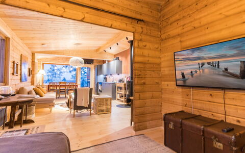 Kelokaltiokylän Maja 22: Hout, Interieur Ontwerp, Flooring, Plafond, Verdieping, Huis, Houten Vloer, Meubilair, Woonkamer, Hardwood