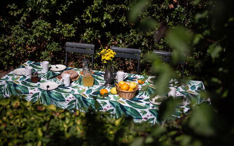 Green Hill Apartment In Tuscan Countryside: Tafelkleed, Linens, Serveware, Voedsel, Buitentafel, Dishware, Produceren, Fruit, Buitenmeubels