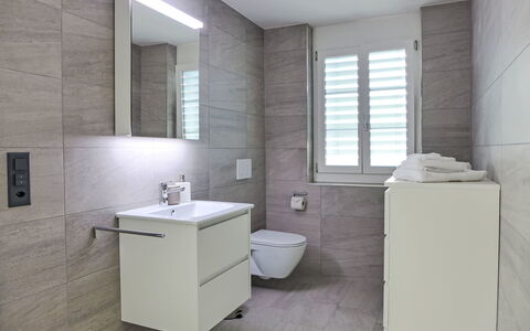 Huus Chloster, Apt Niesen: Flooring, Verdieping, Badkamer, Interieur Ontwerp, Loodgieterswerkinrichting, Muur, Wastafel, Wastafel In De Badkamer, Toilet, Kraan