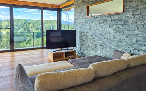 Villa Techelsberg: Flooring, Interieur Ontwerp, Bankstel, Woonkamer, Houten Vloer, Stenen Muur, Hardwood, Beits, Stoel