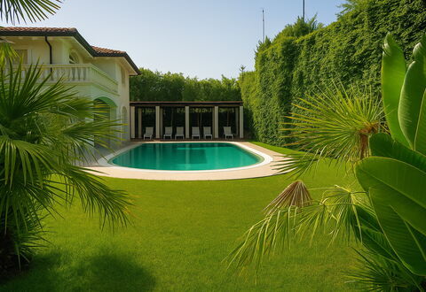 Villa Forte Dei Marmi, Pool & Garden: Groen, Zwembad, Struik, Huis, Toevlucht, Tuin, Schaduw, Landgoed, Gazon, Werf