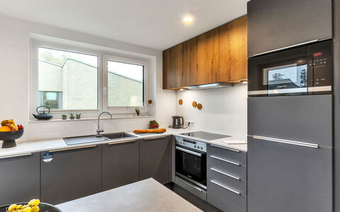 Dünenblick 165 (Seenähe): Toestel Van De Keuken, Keuken, Countertop, Cabinetry, Major Appliance, Huishoudapparatuur, Interieur Ontwerp, Meubilair, Hout, Flooring