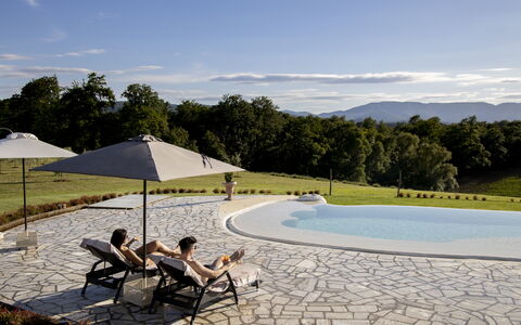 Le Tre Virtù Luxury Relais, Private Pool, Mugello: Buitenmeubels, Vrije Tijd, Zwembad, Recreatie, Schaduw, Paraplu, Vakantie, Ligstoel, Park