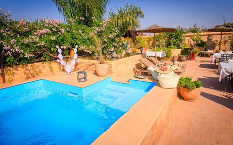 Riad Ikram: Zwembad, Toevlucht, Bloempot, Buitenmeubels, Paraplu, Eco Hotel, Meubilair, Vrije Tijd, Ligstoel, Hacienda