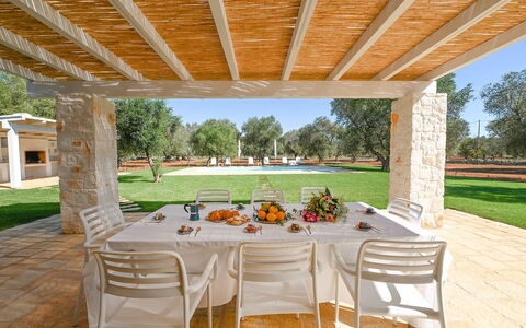 Trulli Heaven: Schaduw, Tuin, Gazon, Buitenmeubels, Landscaping, Landgoed, Backyard, Hacienda, Outdoor Structuur, Werf