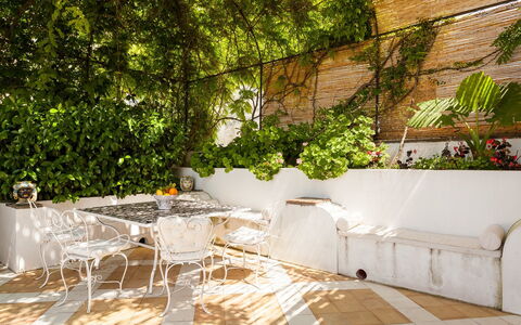 Casa Bellevue: Meubilair, Buitenmeubels, Stoel, Tafel, Buitentafel, Tuin, Schaduw, Bloempot, Werf