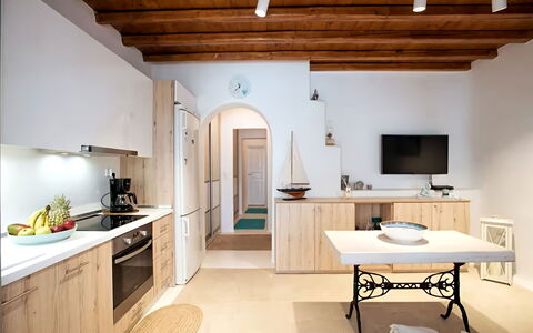 Mikonos Pool House 6: Meubilair, Interieur Ontwerp, Flooring, Muur, Hout, Verdieping, Plafond, Countertop, Keuken, Kamer