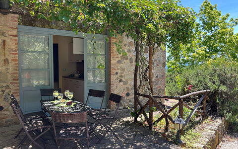 Casa Stella Serena, Podere le Scopaie, Pool: Meubilair, Buitenmeubels, Buitentafel, Stoel, Tuin, Bloempot, Backyard, Schaduw, Stenen Muur, Kamerplant