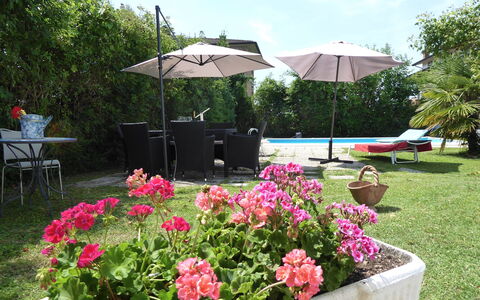 Villa Eva: Meubilair, Buitenmeubels, Struik, Stoel, Tuin, Paraplu, Bloempot, Buitentafel, Schaduw
