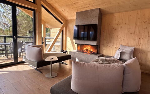 02 Nth050 18A Sup Chalet mit Sauna und Hot Tub 2 e: Hout, Meubilair, Hardwood, Houten Vloer, Woonkamer, Kamer, Verblijf, Blokhut, Beits, Stoel