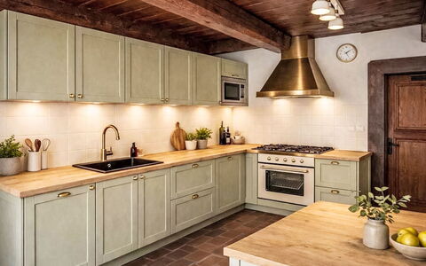 Máchova Roubenka: Keuken, Toestel Van De Keuken, Countertop, Cabinetry, Flooring, Hout, Major Appliance, Interieur Ontwerp, Meubilair, Fornuis