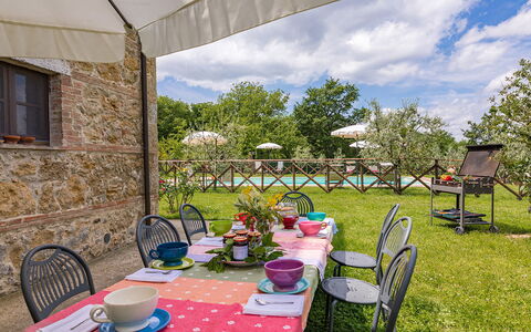 Podere Bagnolo 8: Meubilair, Tafel, Buitenmeubels, Tuin, Buitentafel, Stoel, Keuken En Eettafel, Gazon, Tafelkleed, Linens