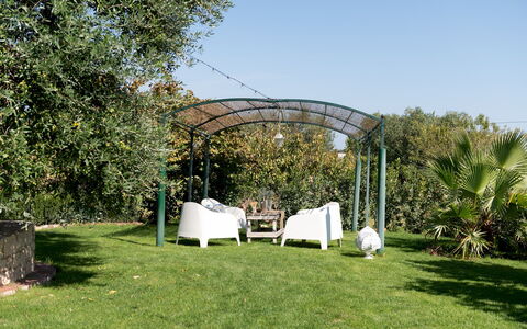 Trulli Littoria 4: Tuin, Struik, Schaduw, Prieel, Outdoor Structuur, Paviljoen, Landscaping, Canopy, Backyard, Gazon