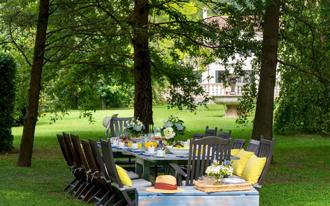 Villa Barchessa Panigai 8: Meubilair, Buitenmeubels, Stoel, Tafel, Tuin, Buitentafel, Gazon, Schaduw, Backyard