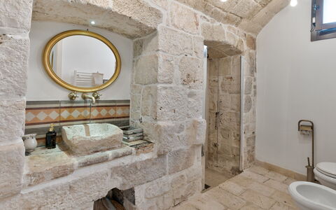 Masseria Tarsia Incuria 8+4: Muur, Loodgieterswerkinrichting, Flooring, Interieur Ontwerp, Badkamer, Wastafel, Kraan, Loodgieter, Stenen Muur, Wastafel In De Badkamer