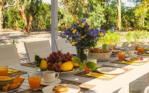 Villa Laconella 8+4: Meubilair, Tableware, Tafel, Stoel, Serveware, Buitenmeubels, Dishware, Tafelkleed, Voedsel, Drinkware