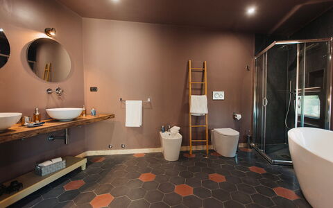 Villa Sumac 6: Interieur Ontwerp, Flooring, Loodgieterswerkinrichting, Verdieping, Badkamer, Verlichting, Plafond, Loodgieter, Bruin, Lichte Inrichting