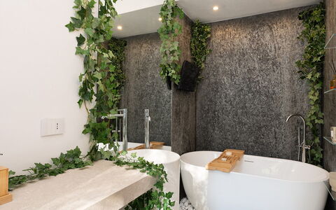 Villa Lunezia 6: Loodgieterswerkinrichting, Interieur Ontwerp, Kamerplant, Badkamer, Bloempot, Natuurlijk Materiaal, Kraan, Loodgieter, Bad, Stenen Muur