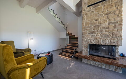 Villa Mamon 6+2: Flooring, Interieur Ontwerp, Verdieping, Plafond, Verlichting, Woonkamer, Kamer, Stenen Muur, Bankstel