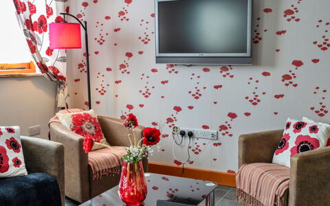 Poppy Cottage, Great Houndbeare Farm: Meubilair, Interieur Ontwerp, Muur, Rood, Textiel, Woonkamer, Roze, Huis, Bankstel, Verlichting