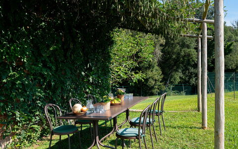Villa del Poggio D'Oro 8: Meubilair, Buitenmeubels, Tafel, Buitentafel, Tuin, Schaduw, Groundcover, Stoel, Gazon, Backyard