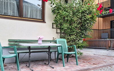 Saalbach-Hinterglemm 626: Meubilair, Buitenmeubels, Tafel, Buitentafel, Stoel, Bloempot, Tuin, Backyard, Kamerplant, Schaduw