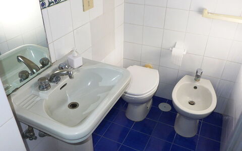 Ischia Ponte 10: Badkamer, Toilet, Wastafel, Eigendom, Wastafel In De Badkamer, Loodgieterswerkinrichting, Purper, Kraan, Wc Bril, Tegel