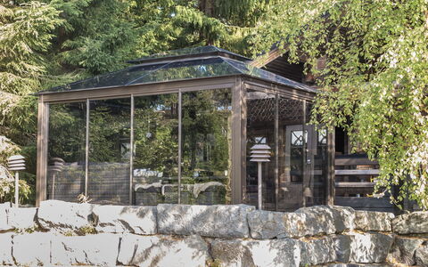 Tahkonbalju: Garden Gebouwen, Schaduw, Outdoor Structuur, Natuurlijk Materiaal, Paviljoen, Tuin, Prieel, Landscaping, Pergola, Ontwerp