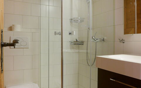 Sulegg Apt. i: Badkamer, Eigendom, Tegel, Kamer, Douche, Kraan, Loodgieterswerkinrichting, Douchepaneel, Muur, Architectuur
